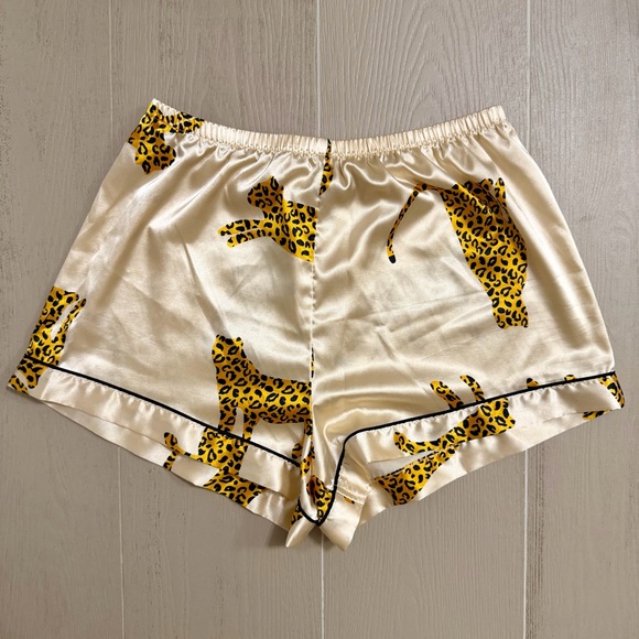 Two Piece Satin Leopard Pajamas Short Sleeve Button Down Top and Shorts Set - Picture 7 of 9